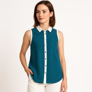 YOYO5 Green w/Gold Thread Button Down Sheer Tank Top